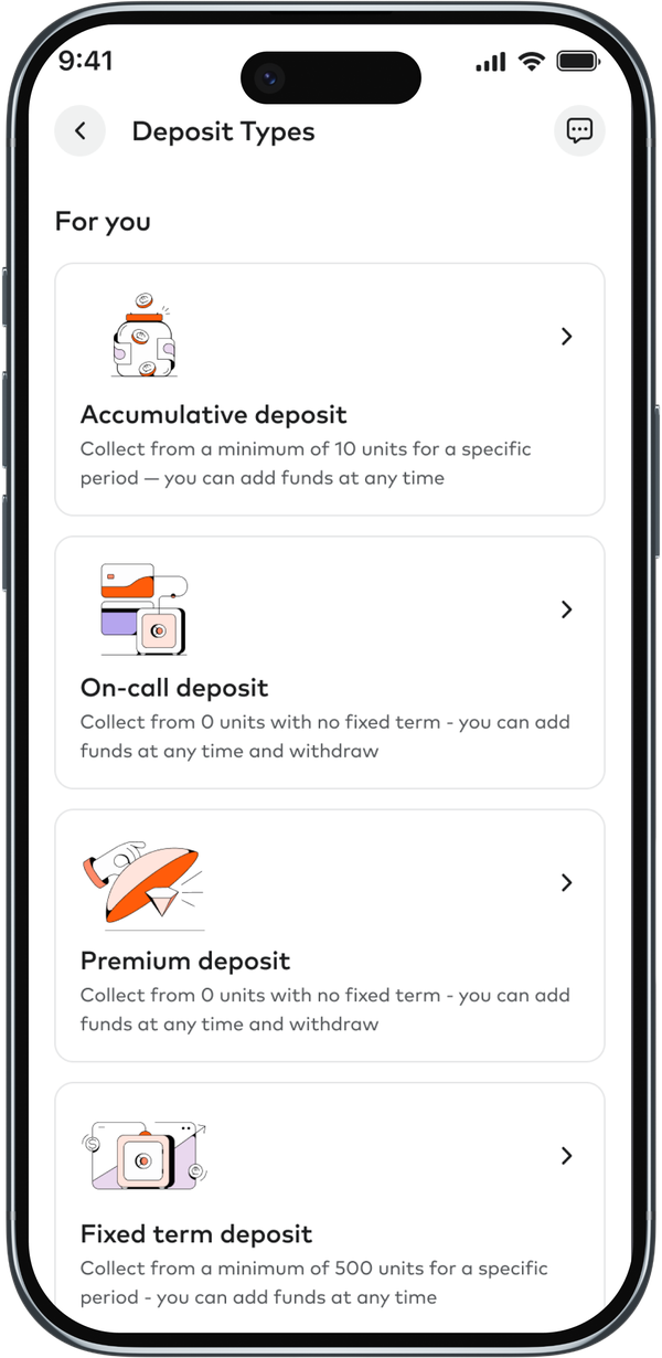 Deposit types selection screen